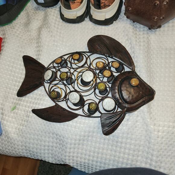 LARGE 15" METAL ORNATE FREE STANDING FIGURINE WITH Chrystalline POTTERY CABOCHON - Picture 1 of 5